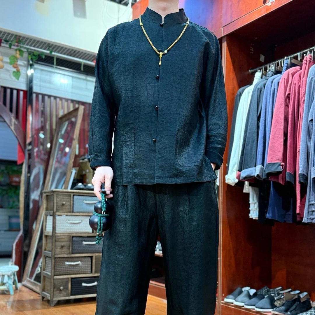 蒙鲤大田唐装男士新品老料黑油龟香云纱套装0167上衣0168灯笼裤