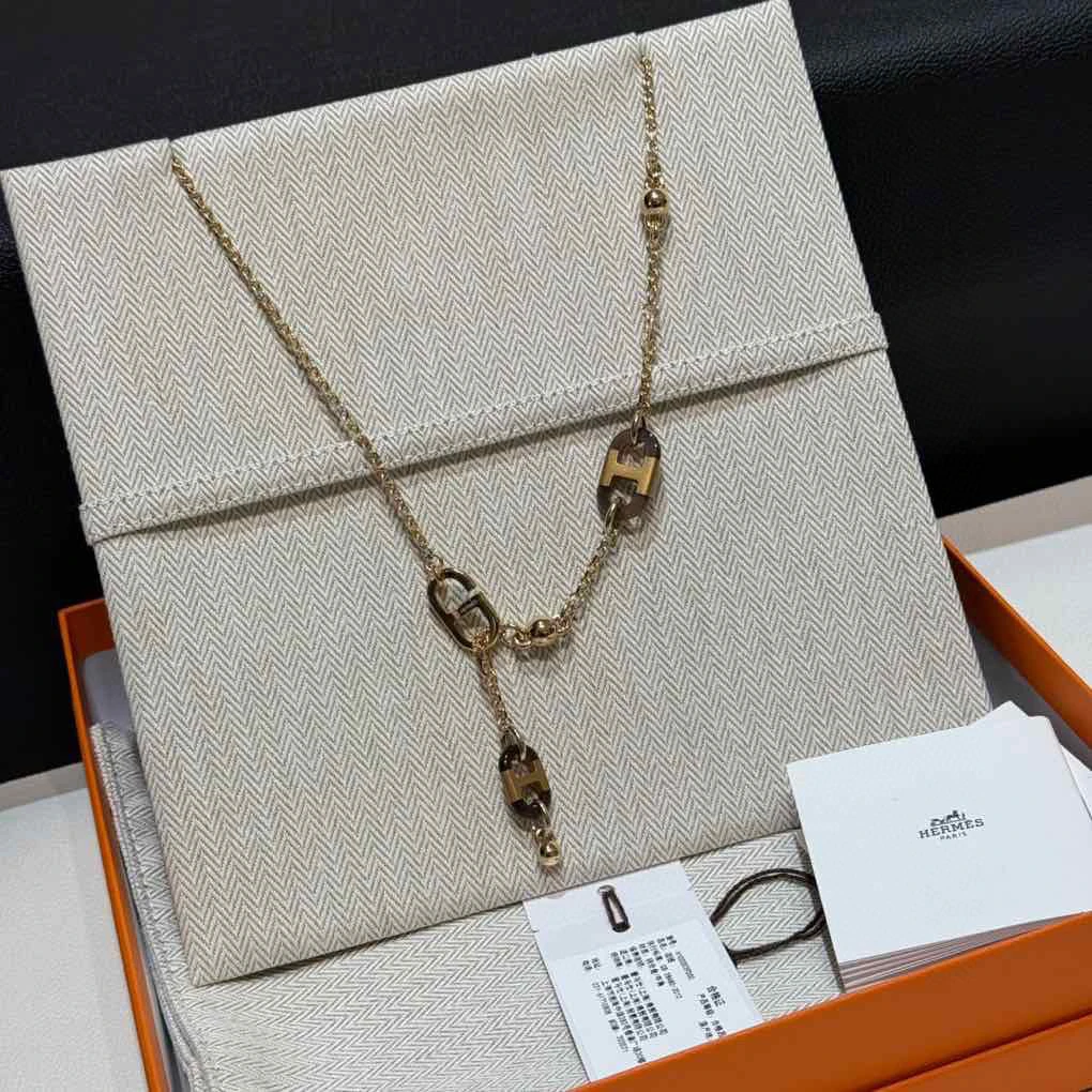 全新未使用 Hermes/爱马仕 Sur Mer金色水牛角项链