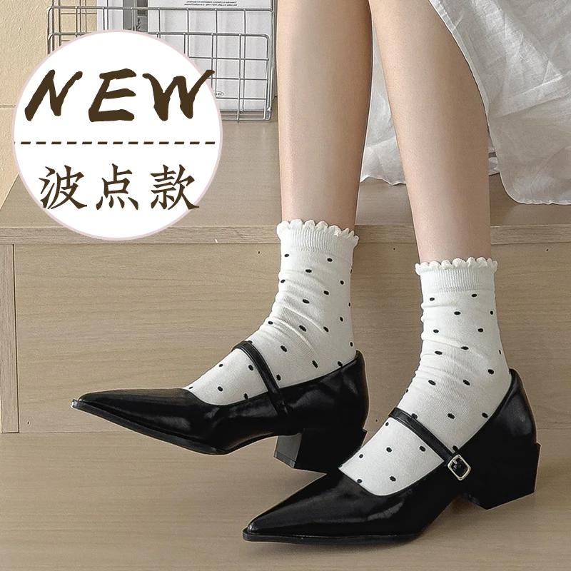 日式波点几何春夏圆点中筒中筒袜常规少女风夏季防臭春季卷边袜子