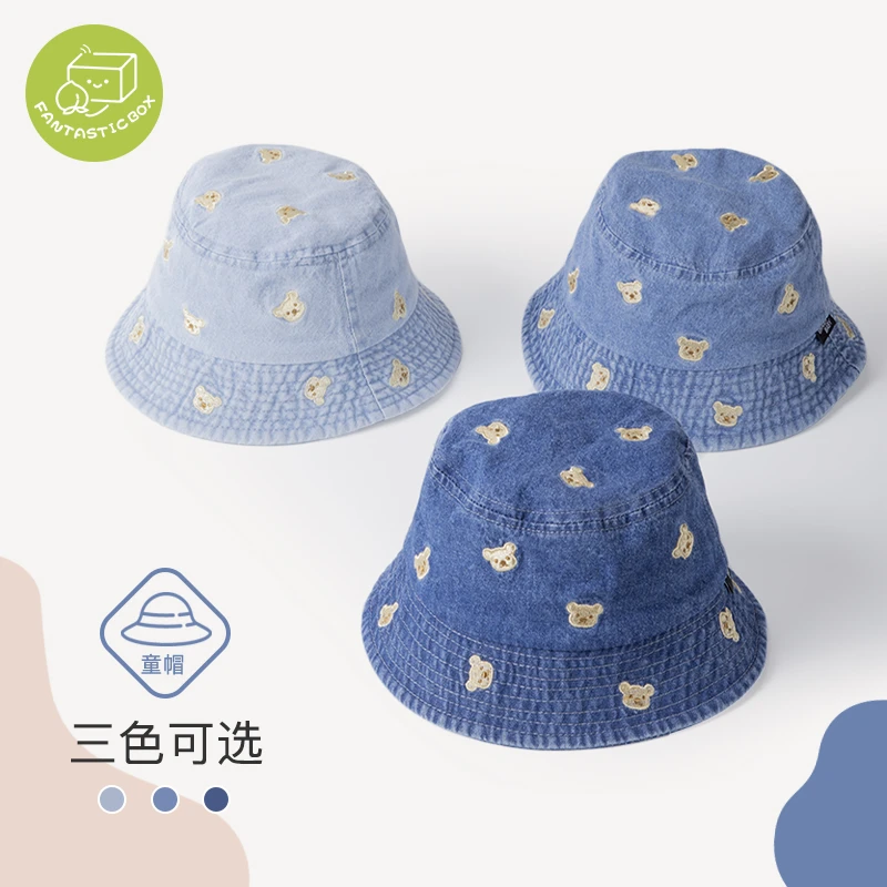春夏韩版儿童防晒遮阳帽牛仔刺绣帽男女宝宝户外帽渔夫帽盆帽纯棉