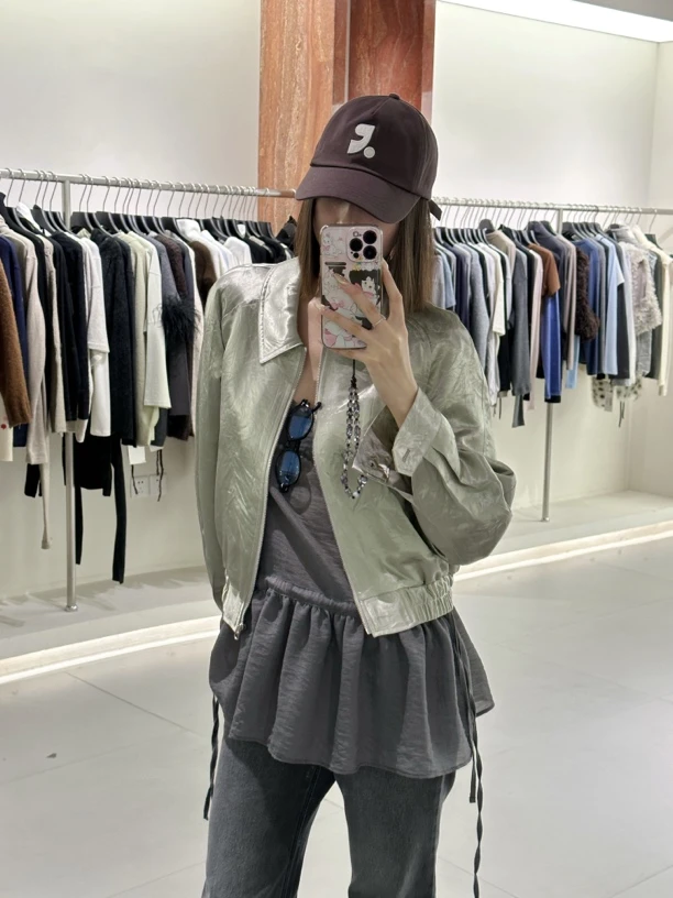 泡菜醋酸丝丝肌理短夹克翻领气质长袖高级通勤感设计感