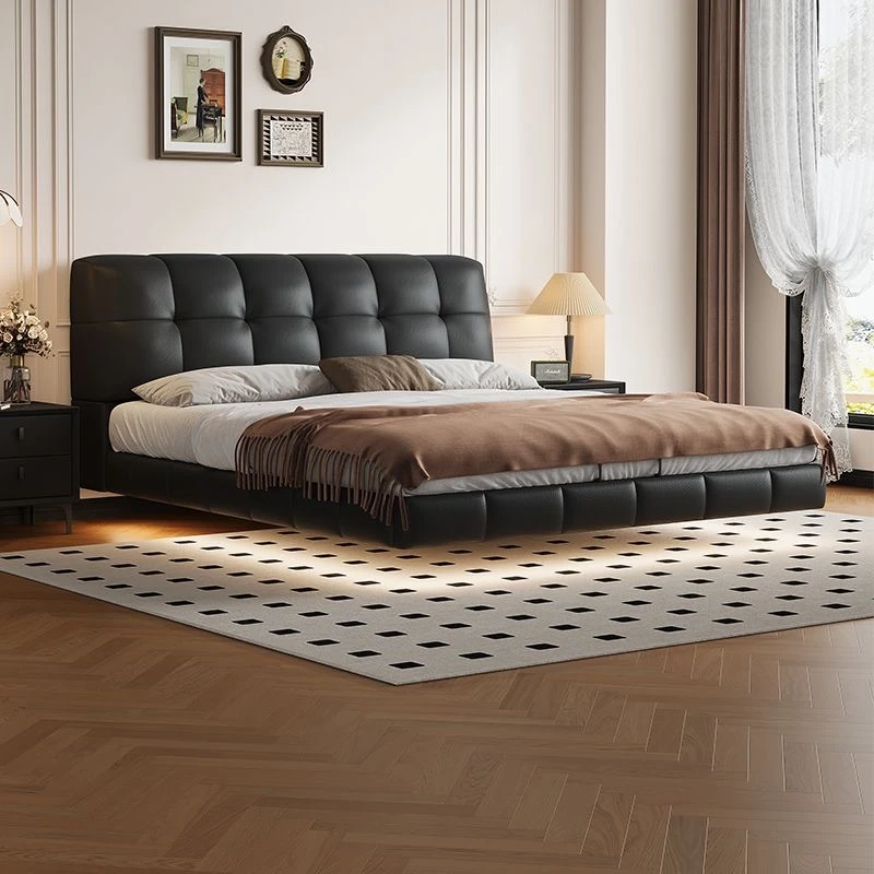 云朵泡芙悬浮床意式极简黑色真皮床主卧高端大气现代简约轻奢婚床