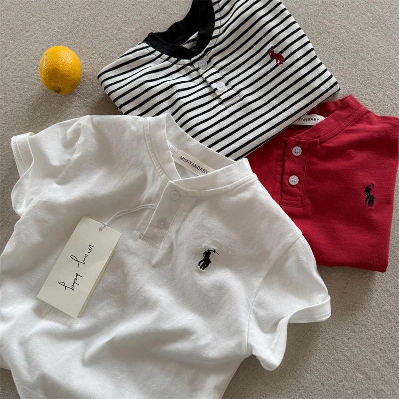 儿童POLO衫2025夏季新品男女童条纹V领POLO衫宝宝刺绣短袖T