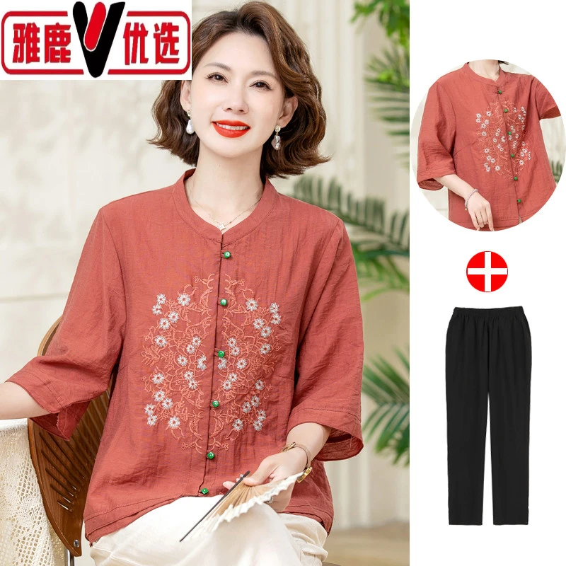 雅鹿优选妈妈夏装国风棉麻衬衫2025新款套装中老年人大码女装洋气