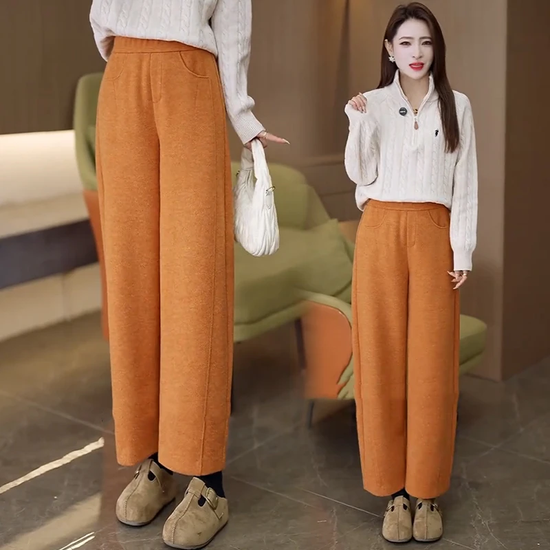 羊毛呢高腰阔腿裤女2025秋冬新款宽松显瘦垂感百搭休闲弯刀直筒裤