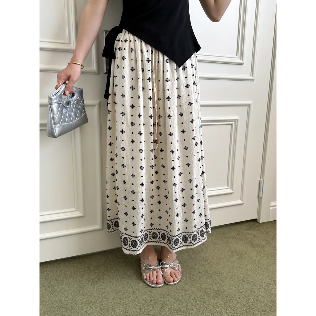 波西米亚民族风碎花半身裙女夏季2025松紧高腰抽绳系带宽松大摆裙