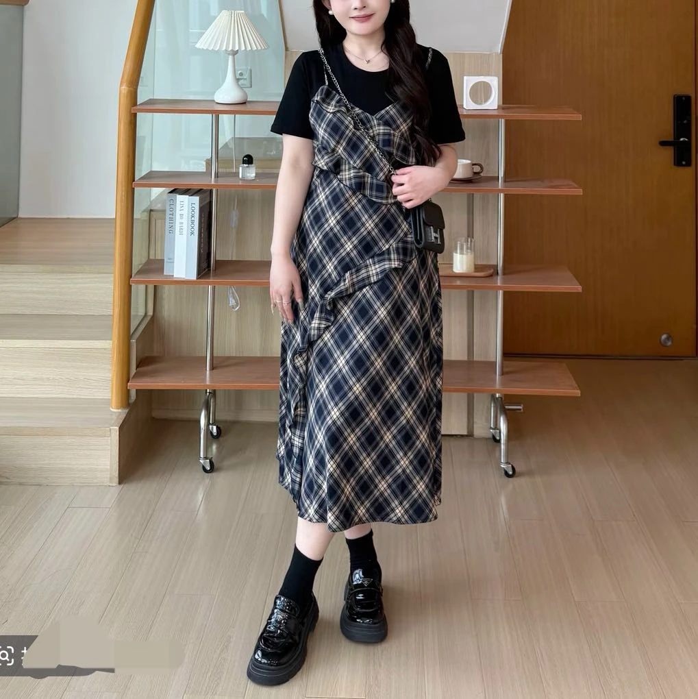 现货当天发（艺术姐姐）复古格子假两件拼接收腰显瘦大码连衣裙