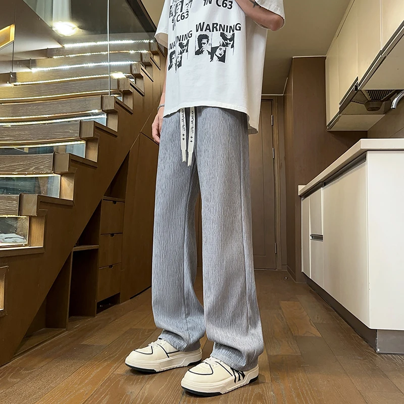 2025夏季新款男士潮流阔腿裤垂感休闲裤高街冰丝裤百搭束脚裤