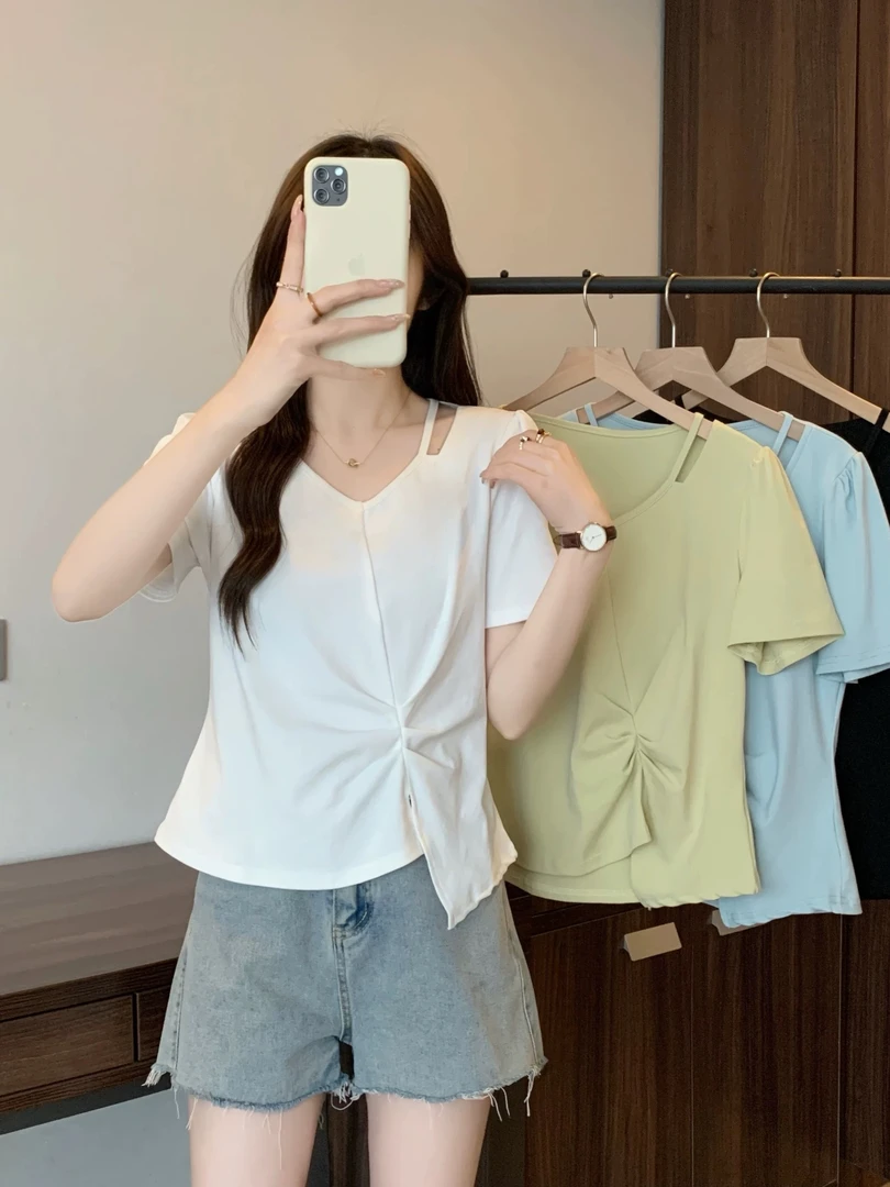 设计感小众不撞衫 遮肉显瘦褶皱镂空小V领上衣短袖T恤