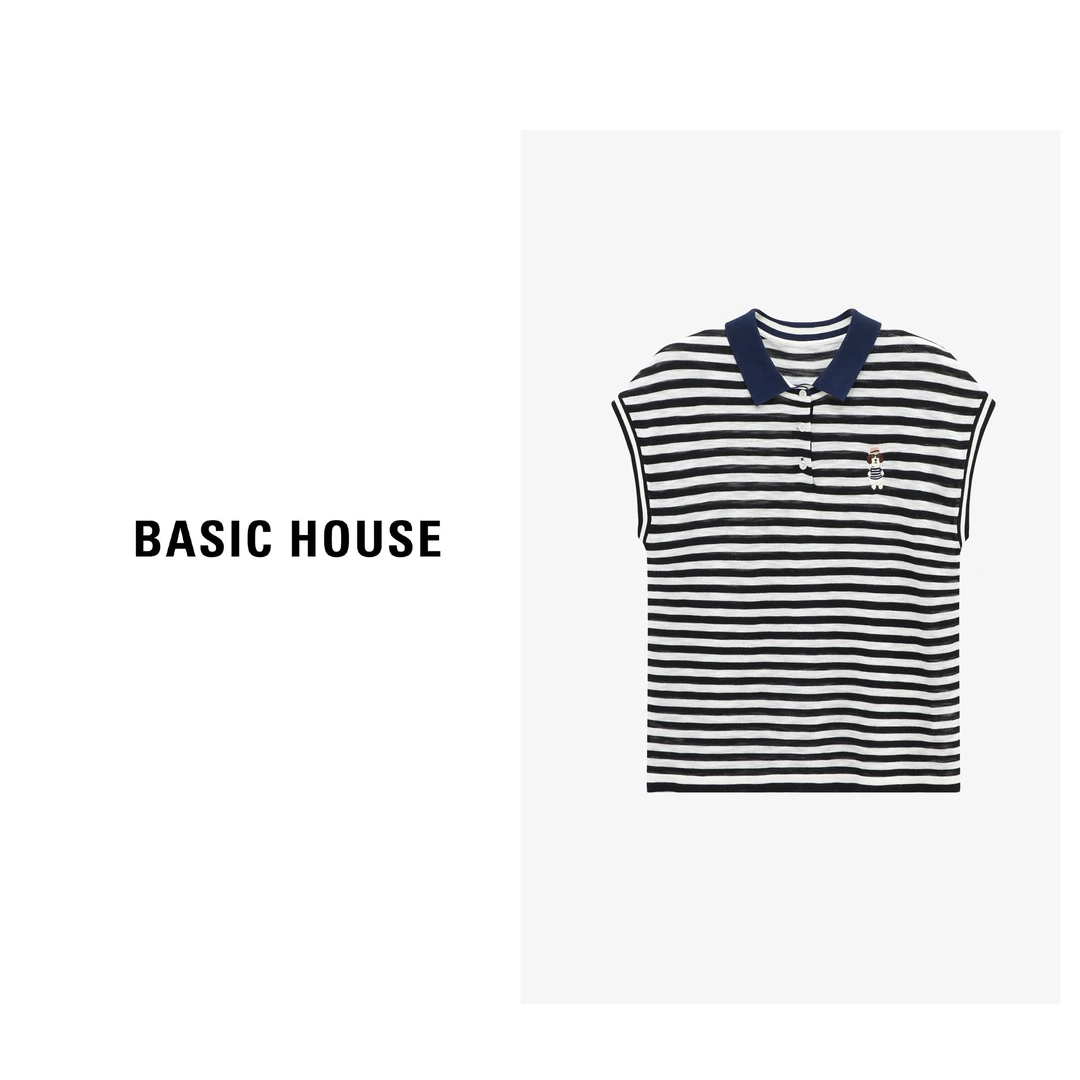 Basic House/百家好时尚休闲宽松百搭条纹夏季针织衫-B0625B5FVL2