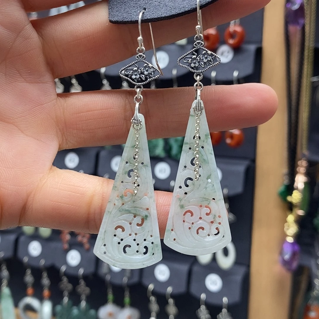 白***狐翡翠银S925镶嵌耳坠