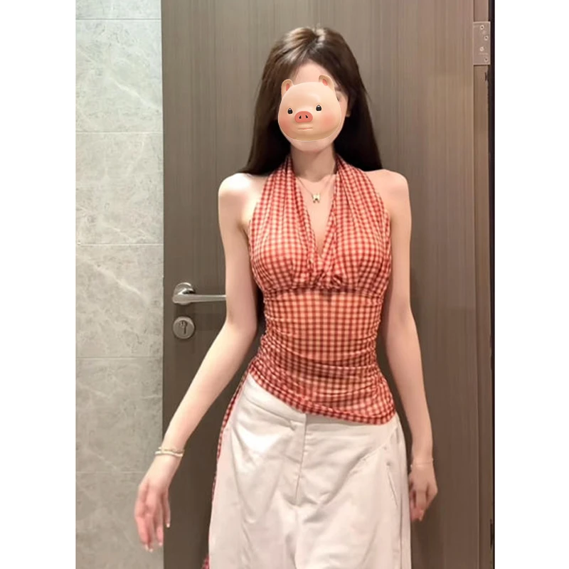 法式V领红色格子挂脖露背吊带背心女夏外穿修身辣妹绑带无袖上衣