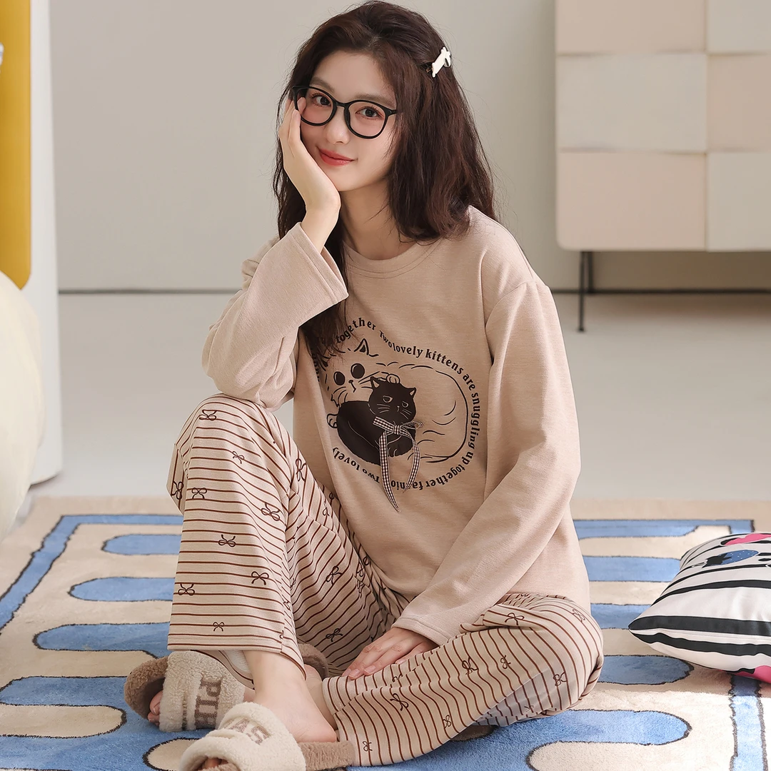 卡之恋睡衣冬季女款2025新款加厚加绒美拉德浅咖猫咪毛绒绒家居服