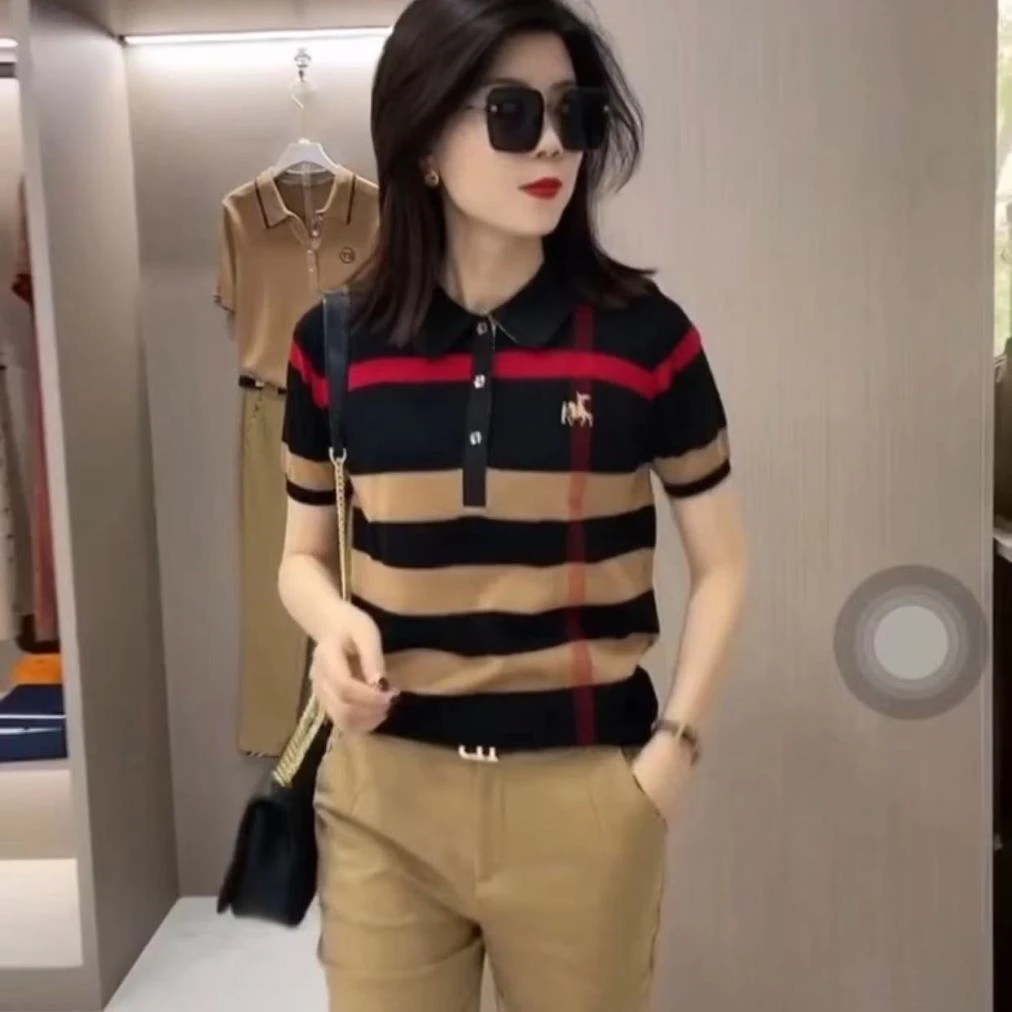厂家直销夏季新品英伦短袖女士薄款针织衫条纹POLOT恤休闲洋气