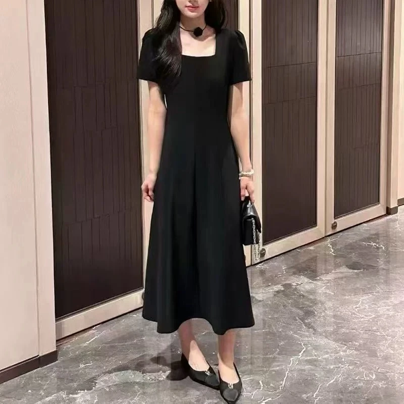 赫本风黑色短袖连衣裙女夏季修身显瘦收腰中长款裙气质百搭裙 927