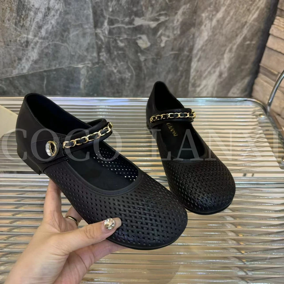 【沐风】百搭女士黑色软底浅口低跟编织小单鞋24DX261LX