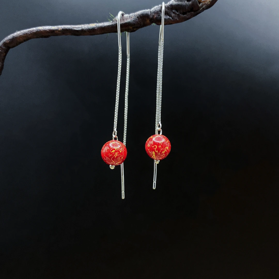 含辰砂工艺品朱砂大漆红珠珠耳线-卡7