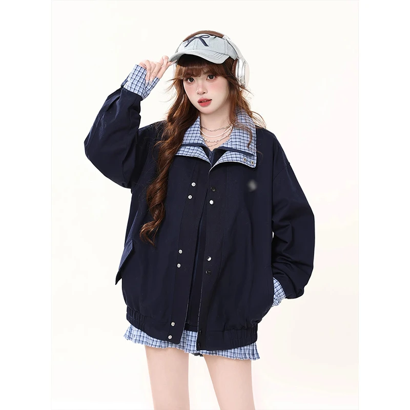 美式复古格子假两件牛仔外套女装2025春秋宽松设计感甜酷夹克上衣