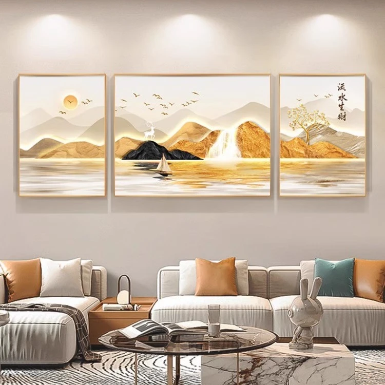 流水生财山水风景画客厅挂画高档大气三联沙发背景墙装饰画高级感