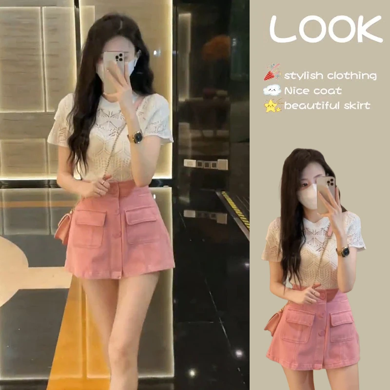 法式气质小香镂空短袖针织衫套装女夏季高腰显瘦牛仔短裤两件套装