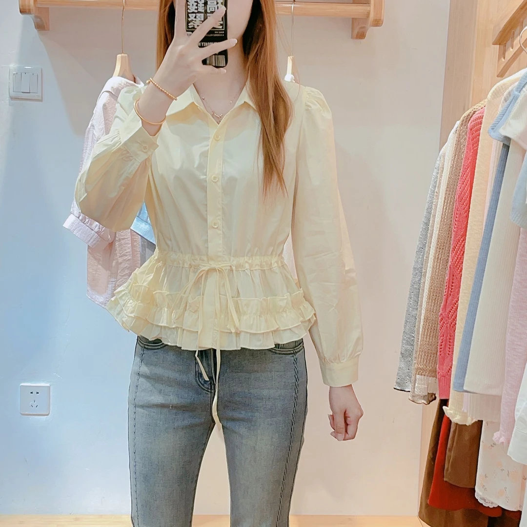 来米家 春季新款抽绳收腰设计木耳花边减龄百搭上衣