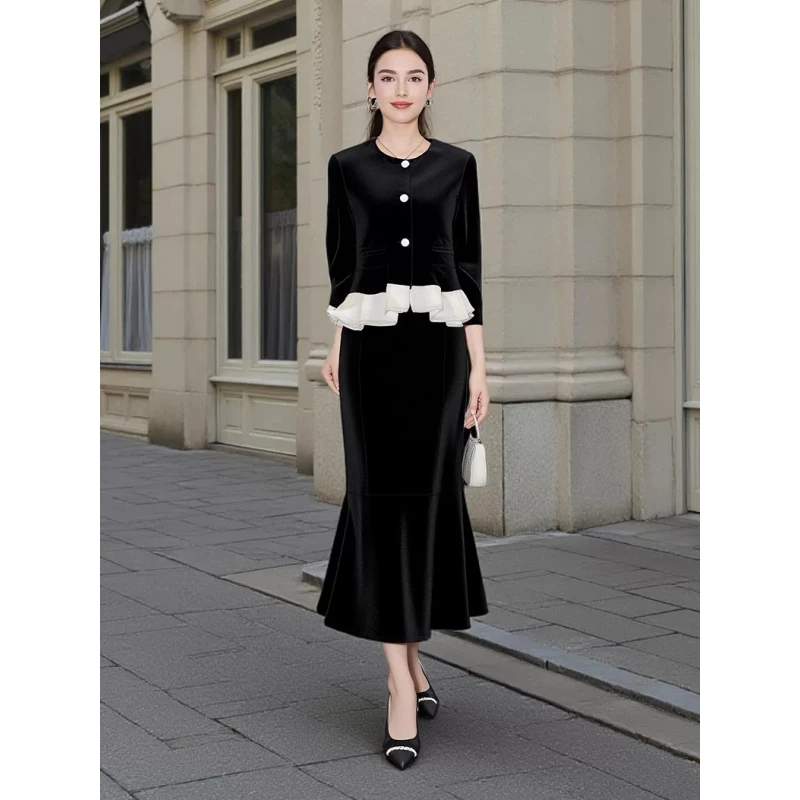 法式千金小香风小众设计感丝绒外套+鱼尾半裙两件套装女裙子