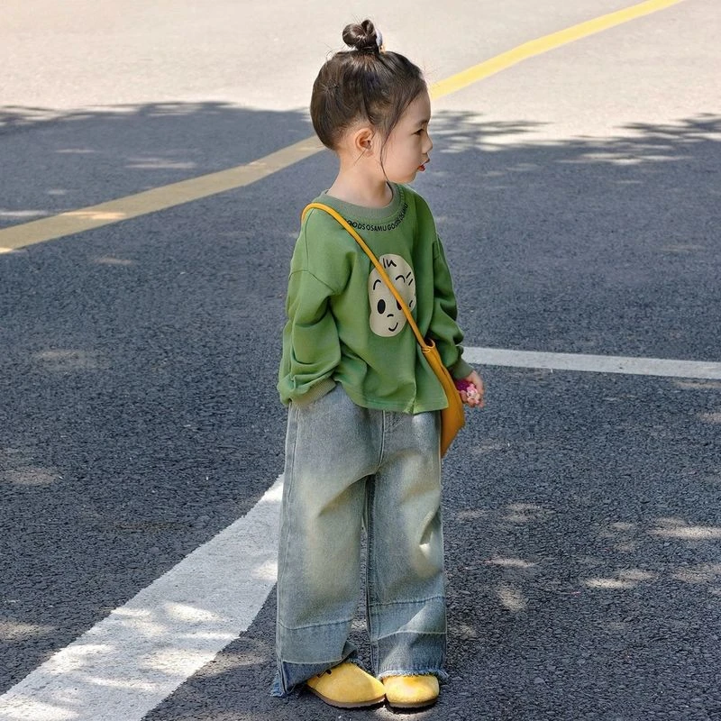 女童裤子秋装2025新款套装小童洋气好看毛边设计儿童直筒阔腿裤潮