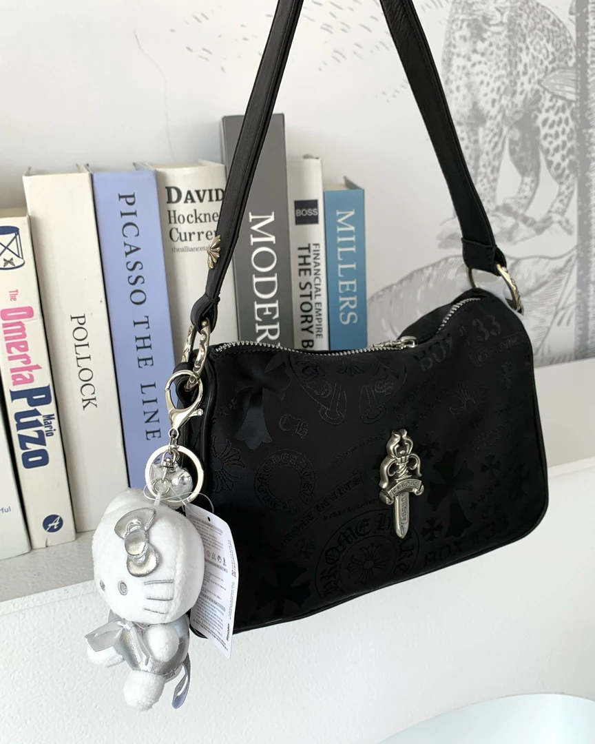 未使用 Chrome Hearts/克罗心 黑银缎面暗纹鸡块包 24cm 16005592