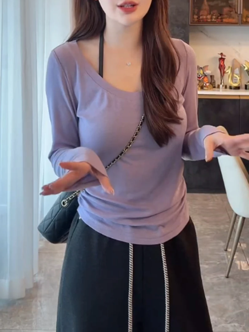 2025早秋新款紫色u领收腰长袖t恤女装高级感小众显瘦上衣打底衫