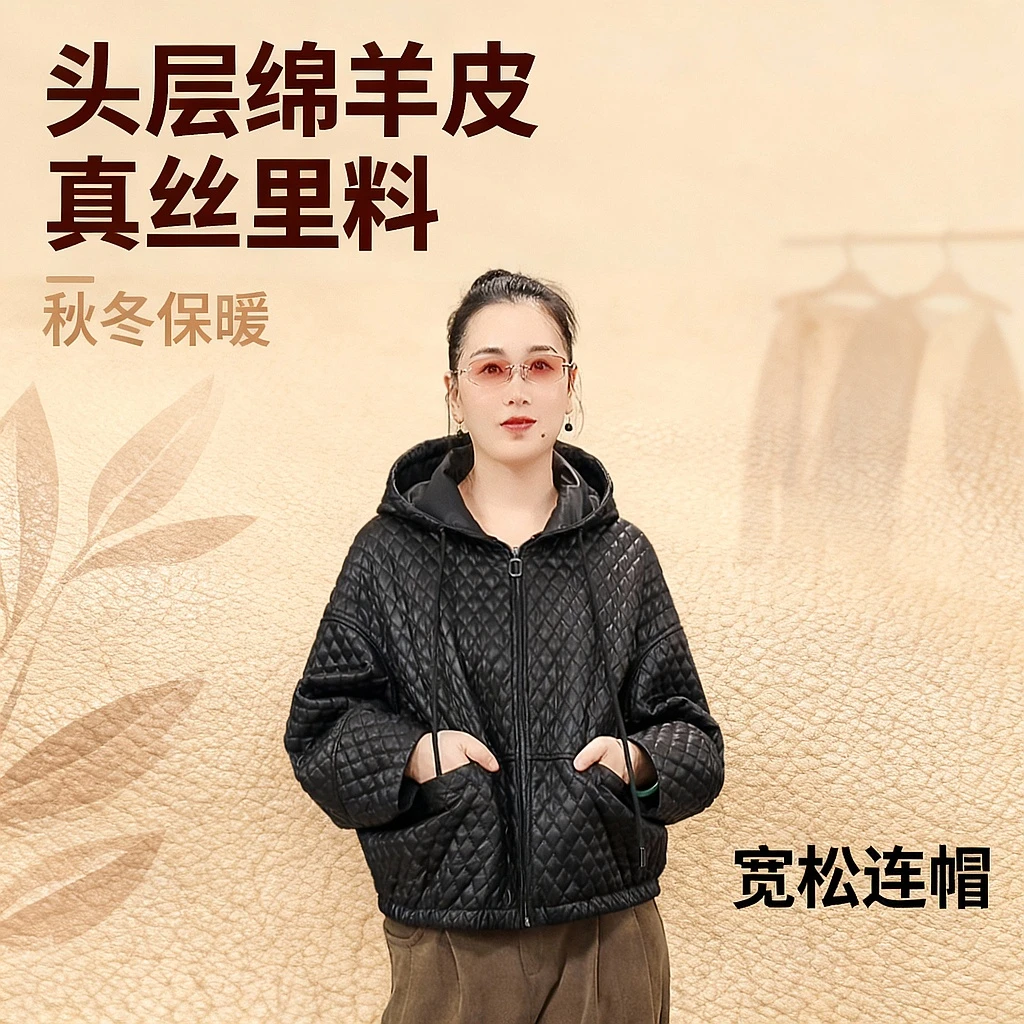A-6118高端头层绵羊皮精品真丝里料连帽秋冬女士精品休闲皮衣加绒