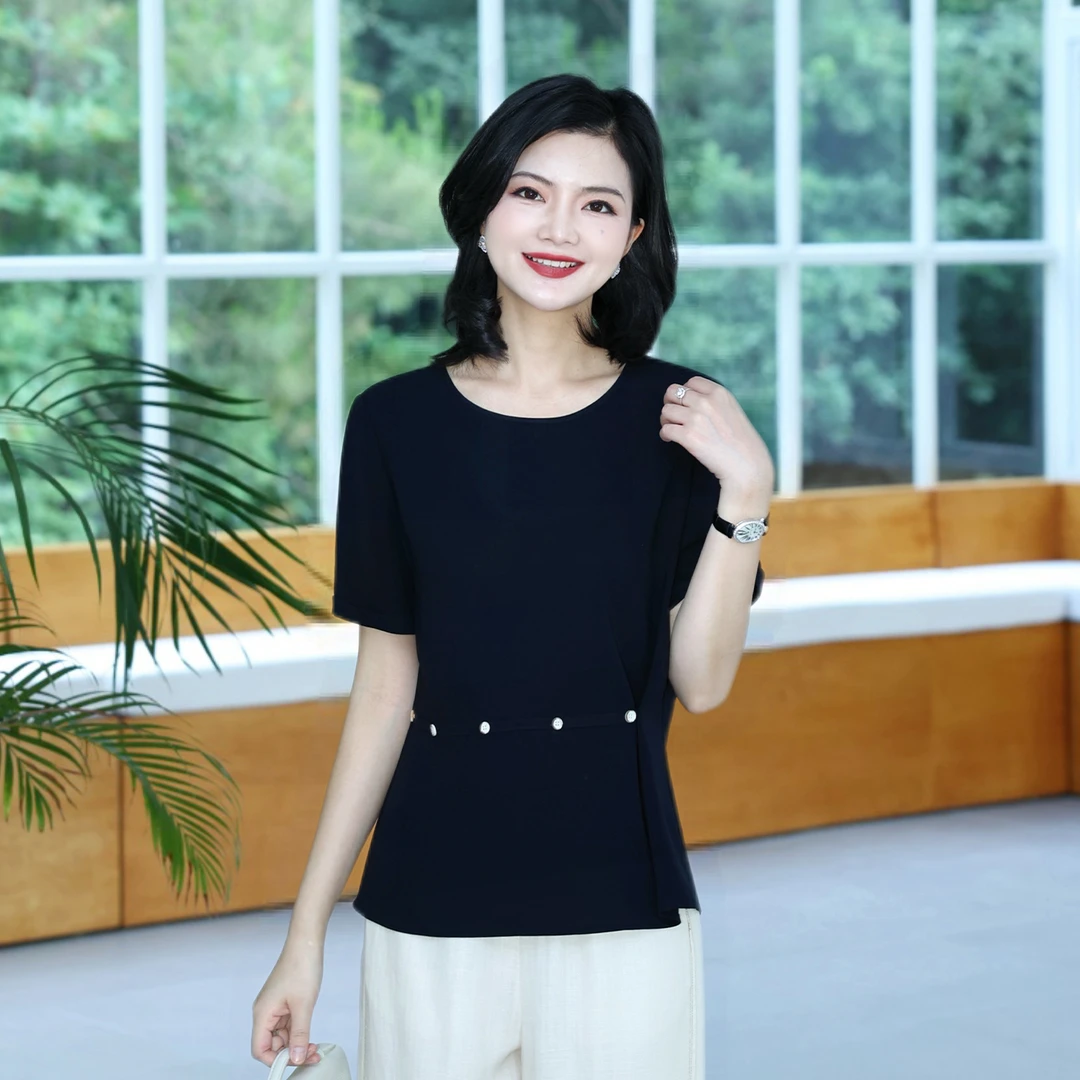 阿楠anan藏匿时光 醋酸气质圆领纯色显瘦收腰纽扣下摆女夏短袖T恤