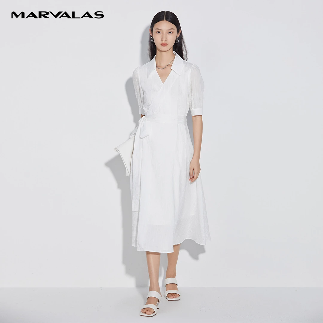 【商场同款】交叉系带收腰显瘦连衣裙夏季V型翻领中长裙D53410230