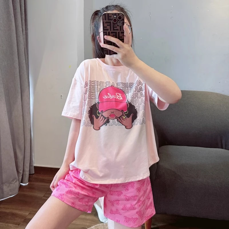 2025夏季新款莫代尔可爱卡通嘻哈女孩短袖短裤家居服睡衣两件套装