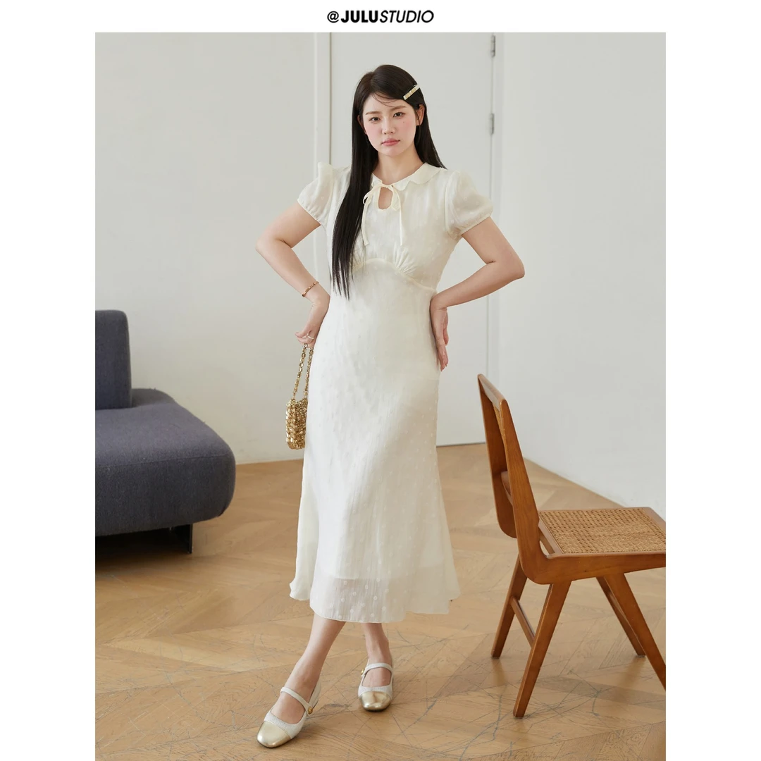 巨鹿工作室“浮屿云纱”微胖mm植绒波点收腰显瘦大码鱼尾连衣裙