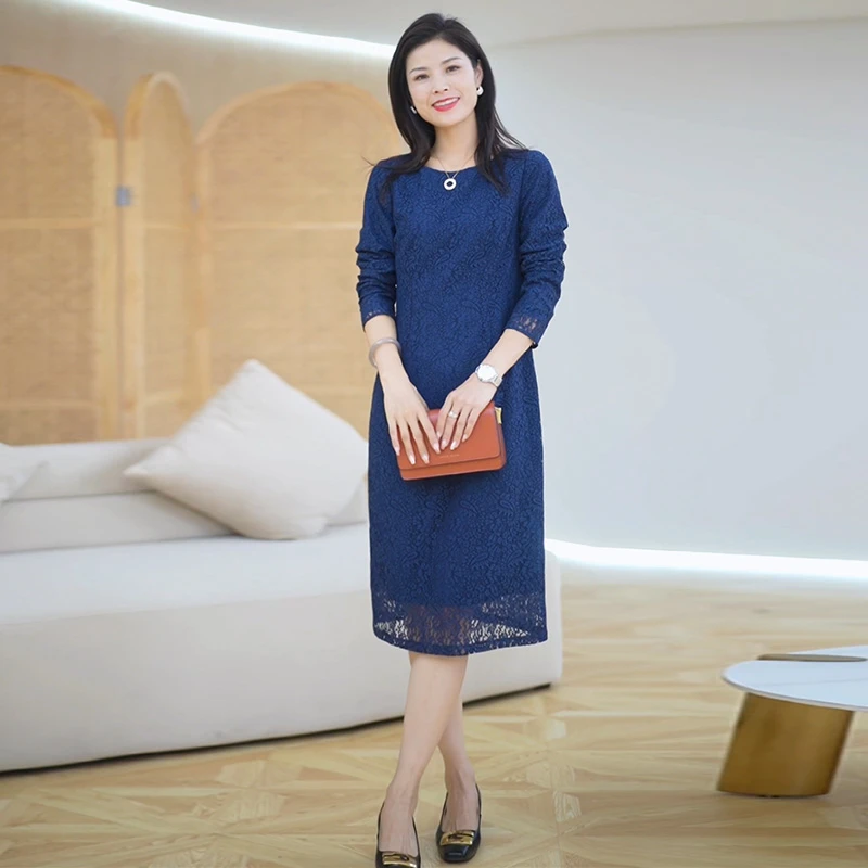 千柏年【午夜邂逅】优雅时尚经典蕾丝气质款针织打底连衣裙-B8766