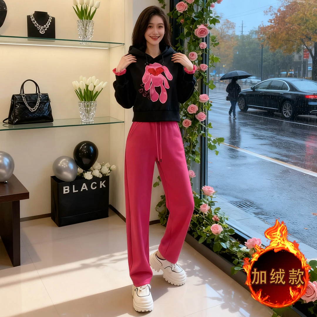 时尚休闲套装女秋冬新款显瘦圆领卡通刺绣连帽卫衣直筒长裤两件套