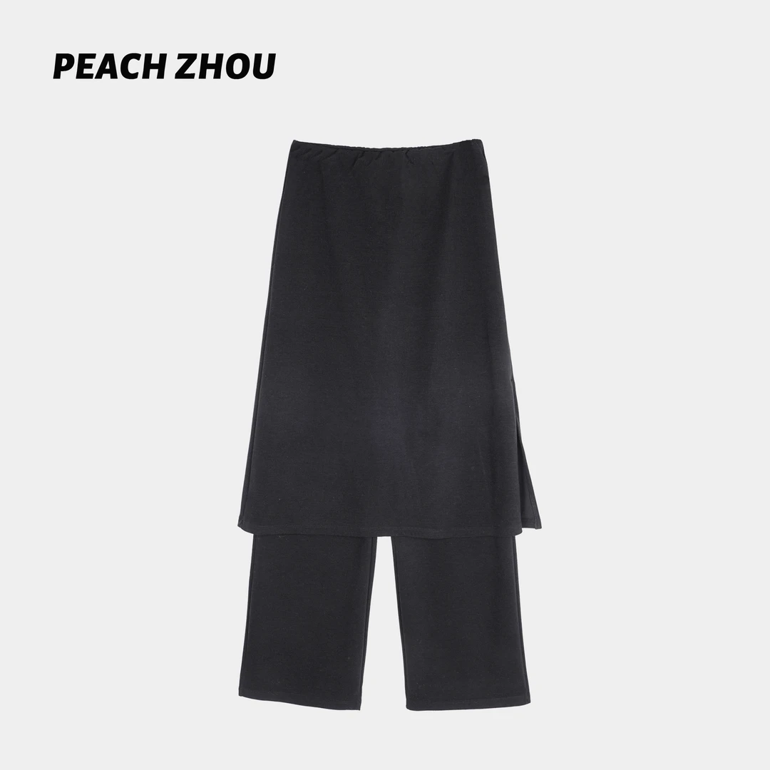 『PEACHZHOU』简约纯色连腰假两件宽松直筒休闲裤松紧腰阔腿裙裤女