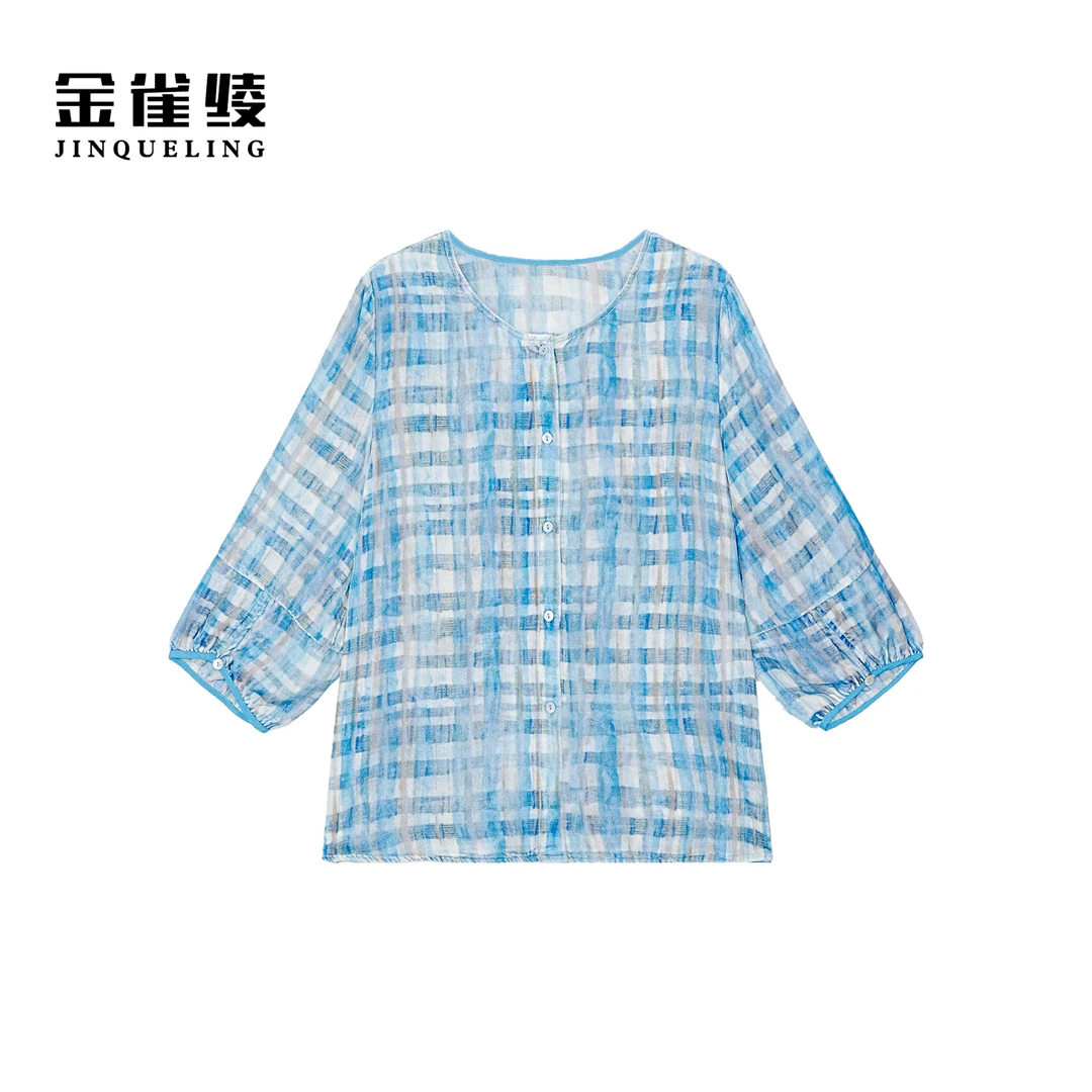 金雀绫【冰雪奇缘】100桑蚕丝丝绒设计师格纹加宽加大小衫SZA2TL513