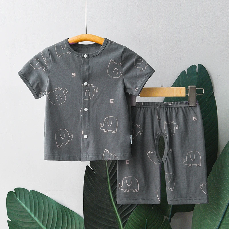宝宝纯棉短袖开衫橡筋开裆裤套装夏季薄款透气散热男女婴幼儿透气