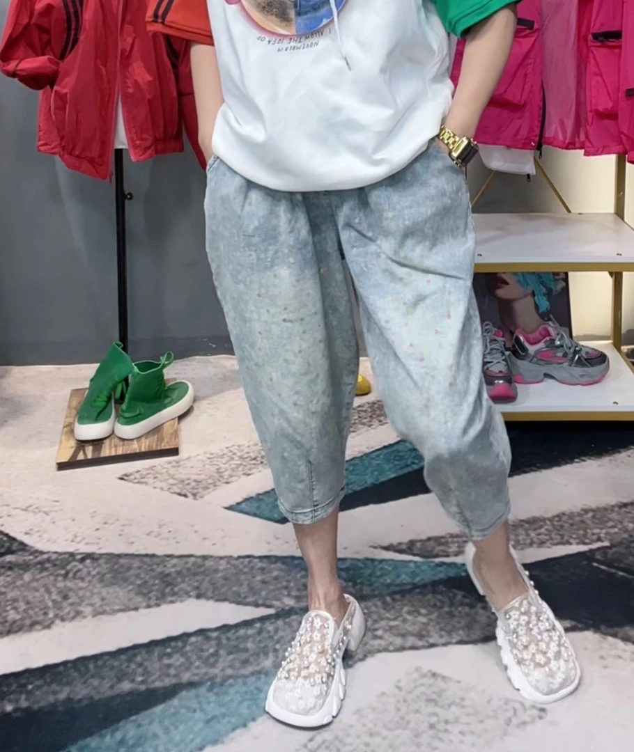 奇奇家潮派大码夏季新款宽松韩版时尚高腰高弹花色薄款牛仔老爹裤