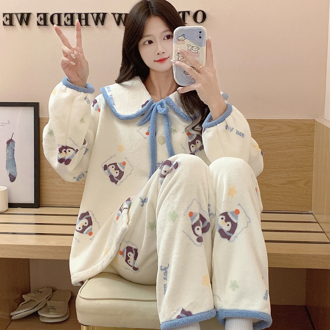 珊瑚绒睡衣女开衫套装秋冬季套装2025年新款卡通甜美家居服法兰绒