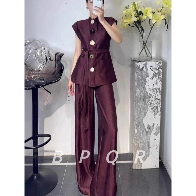 BPQR夏季高级感定制时尚花扣无袖御姐系带修身套装通勤洋气减龄阔