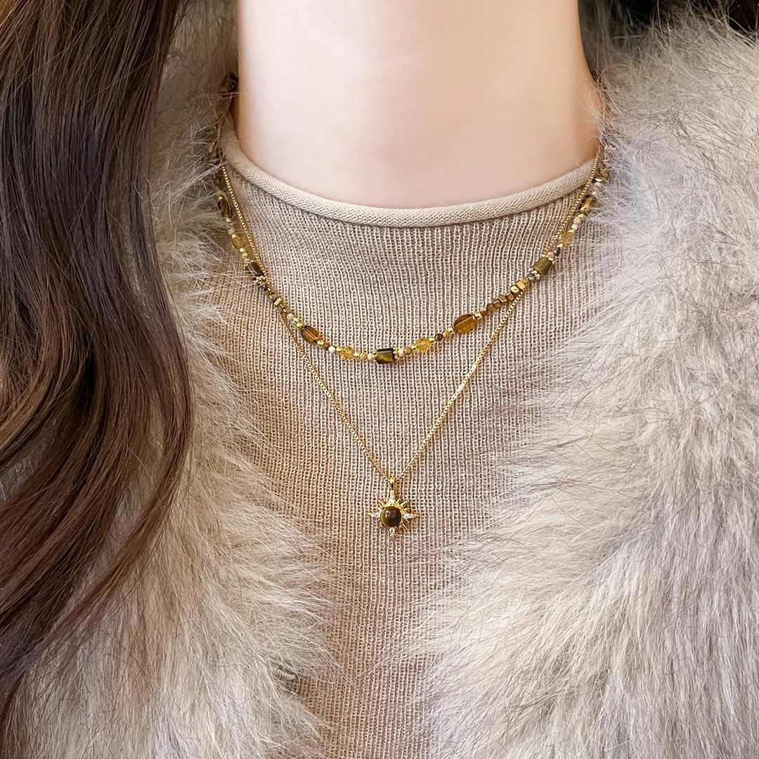 铜合金项链 美拉德虎眼石叠戴项链女款秋冬毛衣链高级感轻奢配饰