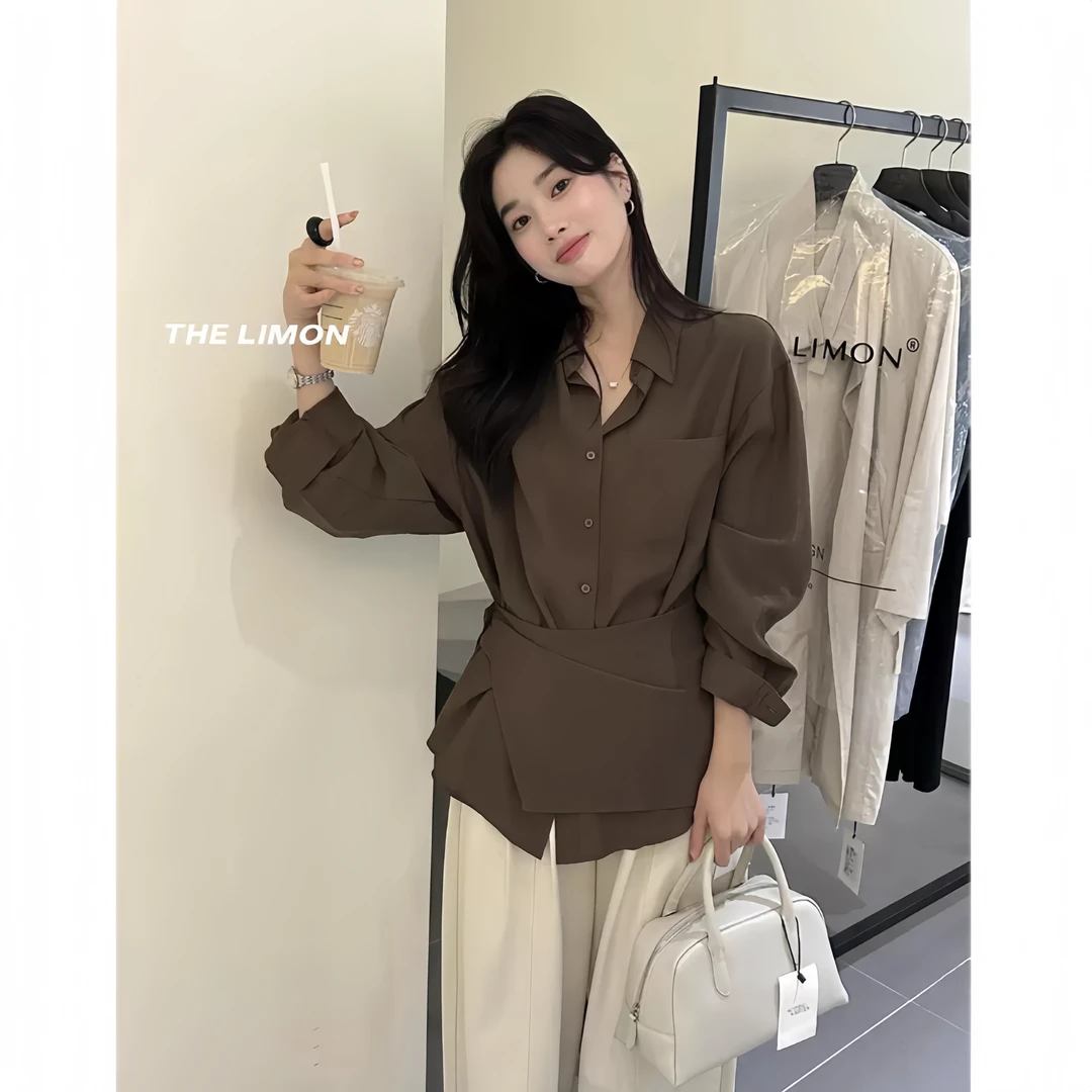 柠檬绿茶韩系翻领可拆卸屁帘收腰显瘦纯棉衬衫上衣女秋