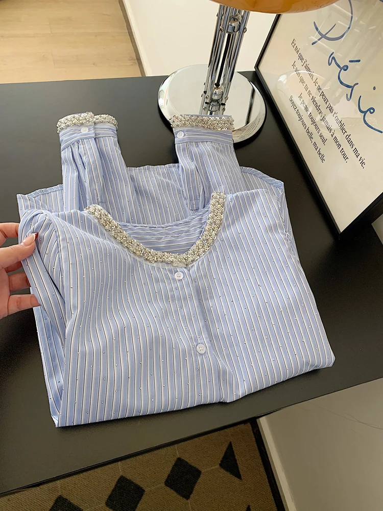 韩系重工镶钻亮片蓝色条纹衬衫外穿女设计感小众宽松慵懒风衬衣