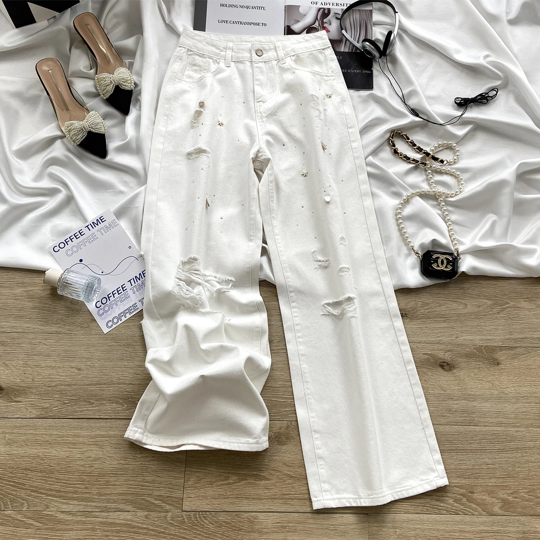 海边清冷感！设计感破洞牛仔裤女秋季新款高腰显瘦高个子阔腿裤子