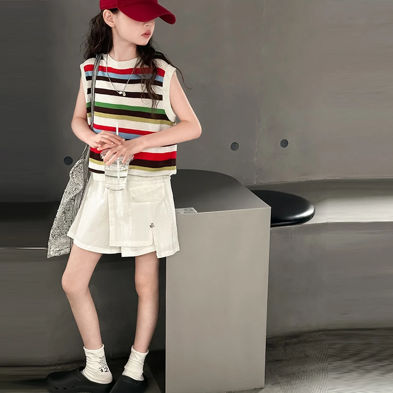 女童夏季套装2025新款中大童韩版时尚冰丝条纹背心工装短裤两件套