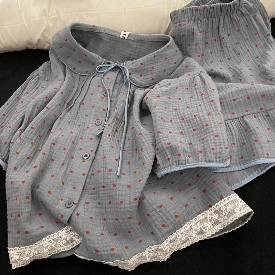 睡衣女夏季新款简约风韩版宽松花边波点印花娃娃领短袖家居服套装