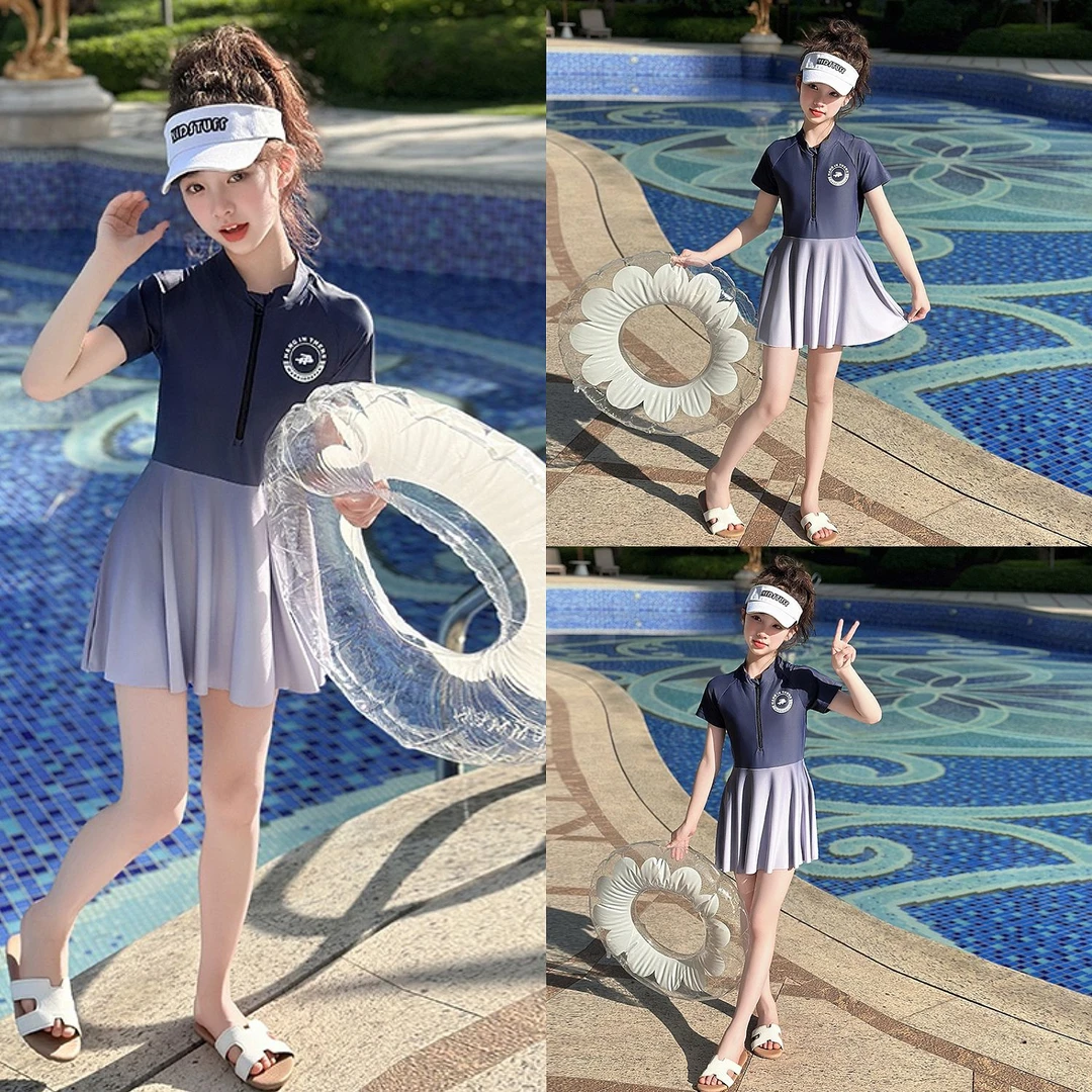 女童连体裙式泳衣夏季2025新款儿童防晒短袖游泳衣中大童洋气泳装