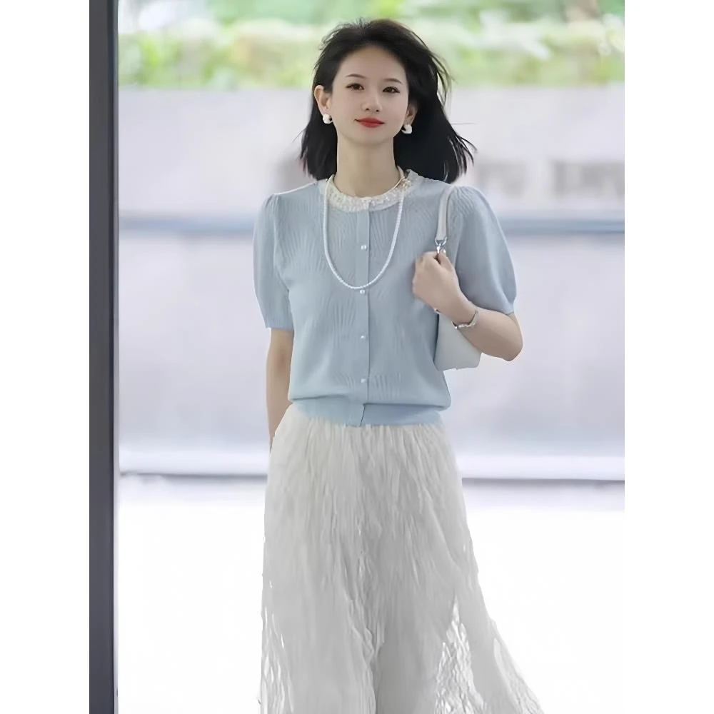 夏日绝美套装穿搭时尚减龄蓝色短袖针织衫高腰显瘦半身裙两件套女